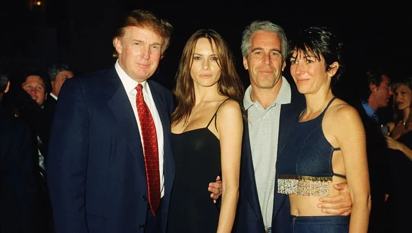 Donald Trump with his future wife Melania Knauss, Jeffrey Epstein and Ghislaine Maxwell at Mar-a-Lago in February 2000.