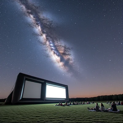 Scène nocturne dans une prairie rurale, face à un écran de cinéma gonflable installé sur un herbage. Des spectateurs sont allongés sur des couvertures, regardant l'écran. Au-dessus d'eux, le ciel nocturne est parsemé d'étoiles visibles et la Voie lactée traverse l'horizon.