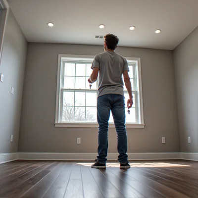 Vue en contre-plongée d'un jeune adulte tenant des clés de maison et regardant vers le haut, dans une pièce vide avec de la lumière naturelle entrant par une grande fenêtre, symbolisant l'installation dans un premier logement