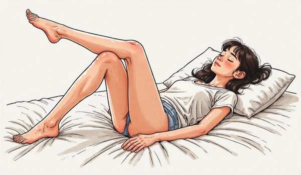 Vue éducative claire de la vulve : femme demi-allongée, jambes légèrement écartées, montrant les grandes et petites lèvres, le clitoris et l'entrée vaginale, anatomie féminine externe présentée avec simplicité et naturel