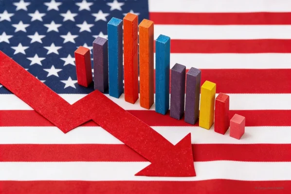 Graphique avec une flèche rouge descendante sur un drapeau américain symbolisant le déficit commercial record.