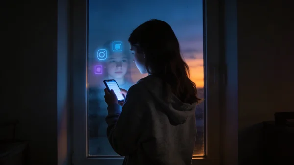 Silhouette d'une adolescente vue de dos face à une grande fenêtre, tenant un smartphone dont la lueur bleutée illumine son visage dans la pénombre, reflet de l'écran sur une vitre où apparaissent des icônes de réseaux sociaux flottantes, ambiance crépusculaire mélancolique
