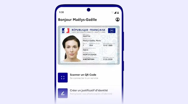 Illustration of France Identité app on smartphone screen with French flag colors and ID card