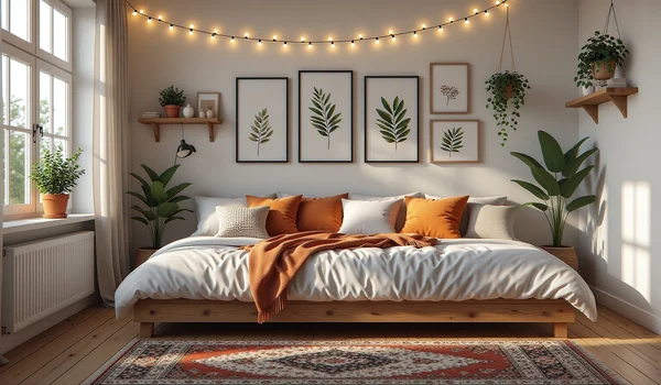 Vue en contre-plongée d'une chambre de 12m² transformée en espace chaleureux : lit avec coussins colorés, guirlande lumineuse chaude accrochée au mur avec des adhésifs, petite plante verte sur une étagère en bois de récupération, tapis ethnique au sol, affiches encadrées disposées en galerie murale, lumière douce de fin d'après-midi filtrant par une fenêtre