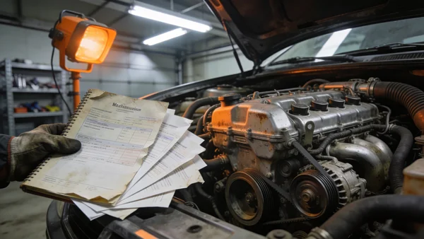 Moteur ouvert d'une voiture d'occasion dans un garage, une main tenant un carnet d'entretien avec des factures visibles. Lumière de garage pratique, vue en contre-plongée montrant les détails mécaniques.