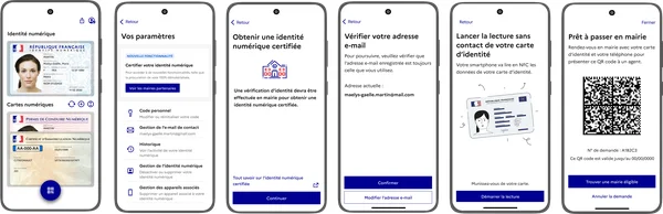 Interface de l'application France Identité affichant une carte d'identité numérique.