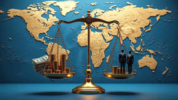 Balance à l'équilibre sur fond de carte du monde, d'un côté des pièces d'or et billets empilés, de l'autre des silhouettes masculines et féminines de même taille en costume professionnel, éclairage dramatique bleu et or
