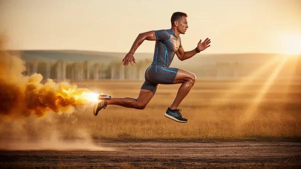 Vue latérale d'un coureur en plein vol à un mètre au-dessus du sol, jambes tendues vers l'arrière, traînée de kérosène brûlé, paysage russe de steppe flou en arrière-plan, lumière dorée de fin d'après-midi