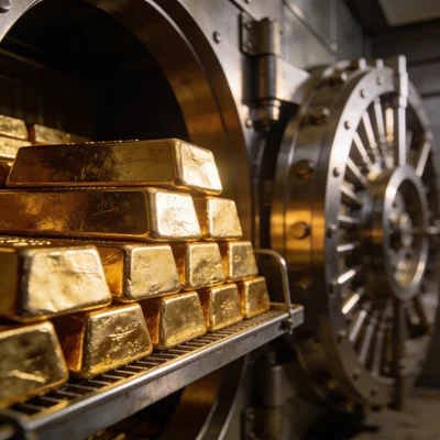 Lingots d'or brillants empilés dans une chambre forte bancaire, éclairage latéral créant des reflets chauds sur le métal précieux, portes de coffre-fort en acier brossé en arrière-plan