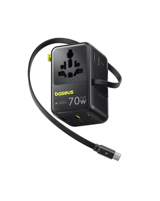 Close up of the Baseus retractable USB-C cable extended from the travel adapter body