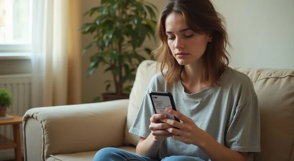 Jeune femme stressée tenant son téléphone portable avec une ordonnance à l'écran, assise dans un modeste appartement, expression soulagée, lumière naturelle douce venant d'une fenêtre, vue de profil