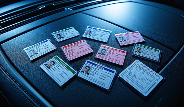 Vue de dessus d'un panneau de contrôle routier nocturne : cinq documents administratifs français étalés sur le tableau de bord d'une voiture - permis de conduire rose, carte grise, carte d'identité, attestation d'assurance verte et procès-verbal de contrôle technique - éclairés par les gyrophares bleus d'un véhicule de police en arrière-plan flou