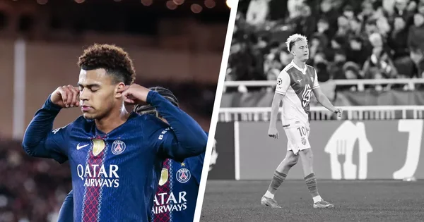 Désiré Doué à gauche et un joueur de l'AS Monaco numéro 10 à droite sur une image divisée.