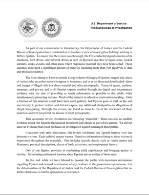Première page du mémorandum du FBI de juillet 2025 sur les conclusions de l'enquête Jeffrey Epstein.