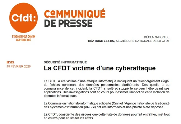 Document officiel annonçant la cyberattaque et le téléchargement illicite de données adhérents.