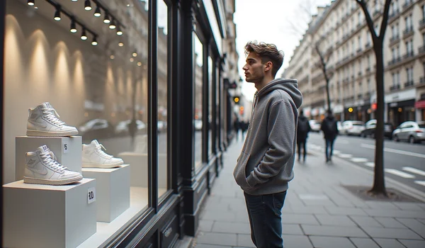 Un jeune homme regarde une paire de baskets exposées dans une vitrine de magasin avec un prix élevé affiché