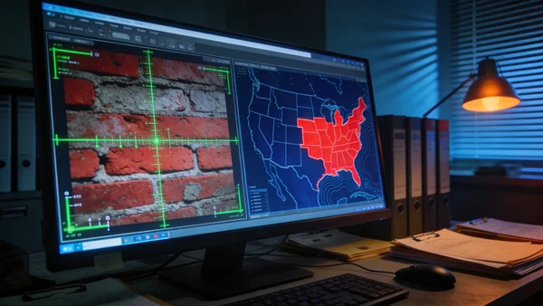 Reconstitution visuelle d'une analyse forensique : un écran d'ordinateur divisé en deux, à gauche une photo de mur de briques rouges avec des lignes de mesure superposées, à droite une carte des États-Unis avec une zone géographique mise en surbrillance en rouge, le tout dans une ambiance de bureau d'enquêteur