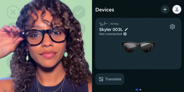 Interface 'Devices' affichant les lunettes connectées Ray-Ban x Meta 'Skyler 003L' indiquées comme non connectées.