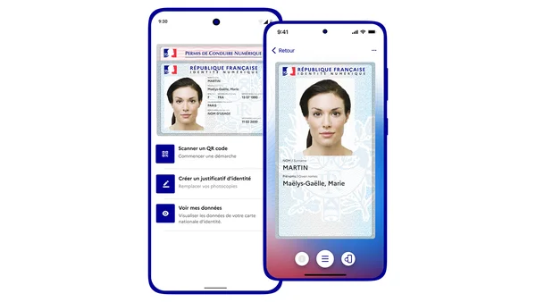 Smartphone affichant une carte d'identité numérique au nom de Maëlys-Gaëlle, Marie.