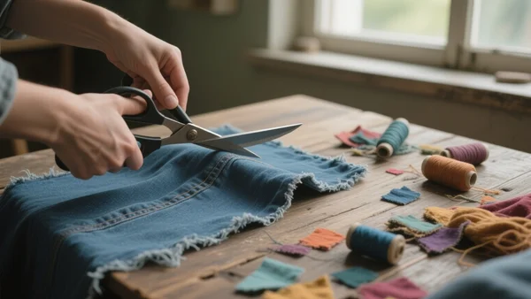 Plan serré sur des mains qui coupent un vieux jean en short avec des ciseaux, étoffes et fils colorés disposés sur une table en bois, lumière naturelle de fenêtre