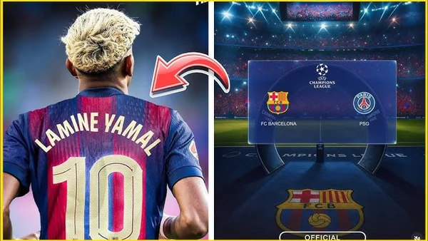 Graphique montrant le maillot de Lamine Yamal et le match Barça vs PSG en Ligue des Champions.