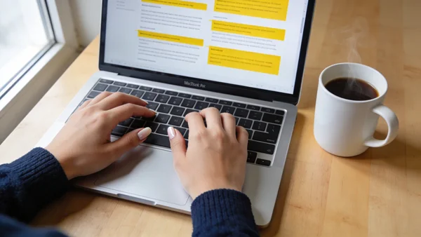 Gros plan sur un écran d'ordinateur portable montrant un CV en cours d'édition avec des mots-clés stratégiques surlignés en jaune, mains positionnées sur le clavier, tasse de café fumant à côté, bureau épuré en bois clair, atmosphère de travail concentré