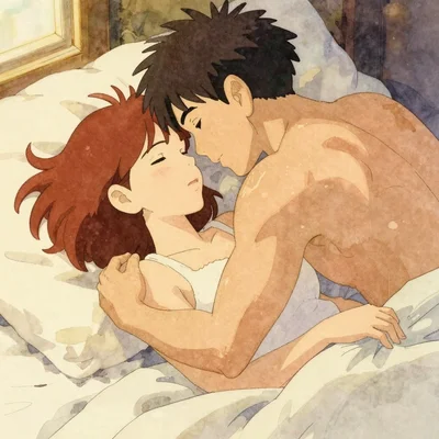 Couple nu enlacé sur des draps blancs, peau contre peau, la femme allongée sur le dos et l'homme penché vers elle, épaules et dos visibles, connexion intime, lumière douce et chaude de fin d'après-midi filtrant par une fenêtre, atmosphère sensuelle et com