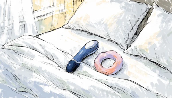 Vue de dessus d'un lit avec des draps blancs, un vibromasseur et un anneau pénien reposant à côté des oreillers