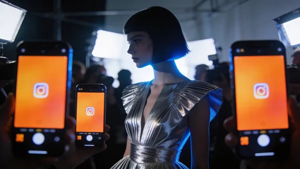 Un défilé de mode vu depuis les coulisses, une mannequin préparant son entrée sur le podium tandis qu'une rangée de smartphones avec l'interface Instagram ouverte capture le moment, éclairage dramatique et flashes de photographes en fond flou