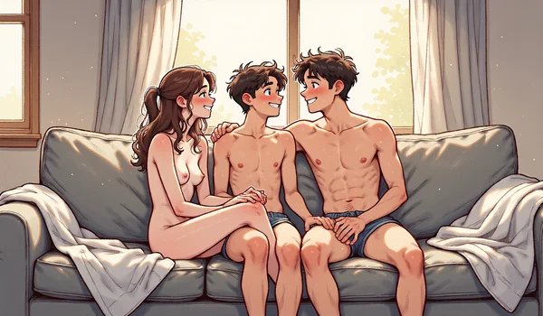 Couple assis côte à côte sur un canapé, tournés l'un vers l'autre, attitudes d'écoute attentive, main posée sur le genou de l'autre, intérieur chaleureux avec lumière tamisée en fin d'après-midi