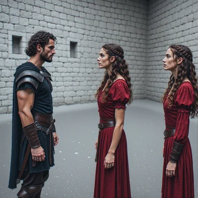 Une femme et un homme dans une grande salle aux murs de pierre froide, ils se font face sans se toucher, l'homme porte une tunique sombre et la femme une robe rouge déchirée, regards intensess et froids