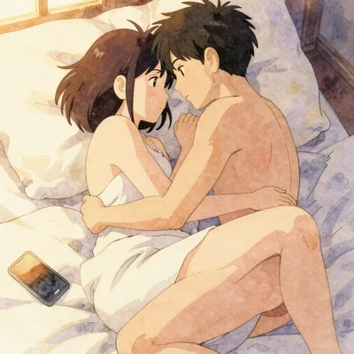 Deux silhouettes enlacées dans une intimité tendre sur des draps blancs, un téléphone posé près d'elles émettant une lueur chaude. Les corps se font face dans une position rapprochée, peau contre peau, lumière douce de fin d'après-midi filtrant par une fenêtre. Atmosphère sensuelle et connectée.