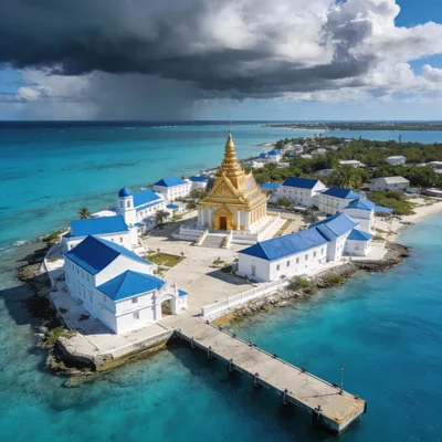 Vue aérienne de Little Saint James avec son temple doré.