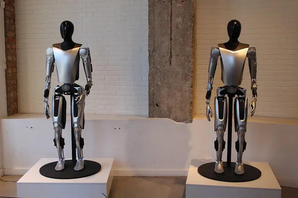 Deux robots humanoïdes identiques sur des piédestaux contre un mur blanc.