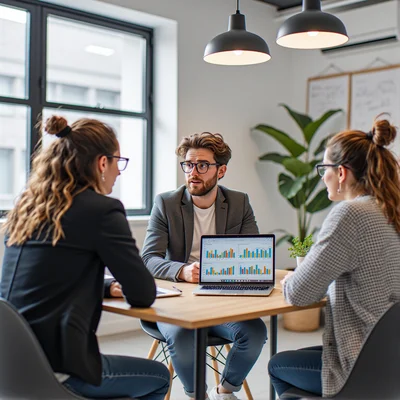 Un jeune homme et une jeune femme assis face à face dans un café lumineux, discutant avec intensité devant un ordinateur portable ouvert affichant des graphiques