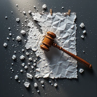 Gros plan sur un marteau de juge brisant lentement une affiche officielle sur un fond sombre, poussière de papier flottant dans la lumière