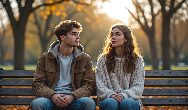 Deux jeunes adultes assis côte à côte sur un banc dans un parc au crépuscule, l'un regarde discrètement l'autre avec une expression mélancolique et attendrie, la lumière dorée du soleil couchant filtrant à travers les arbres, atmosphère de tension romantique non dite