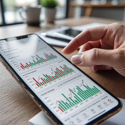 Vue en gros plan d'une main tapotant sur un smartphone, l'écran affiche des courbes financières rouges et vertes avec des pourcentages flottants, fond flou de bureau moderne