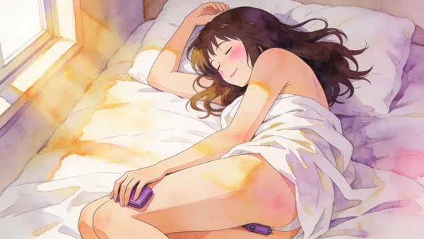 Femme allongée sur des draps blancs, vue latérale, utilisant un vibromasseur sur elle-même. Son corps est détendu, ses yeux fermés dans une expression de plaisir serein. Lumière naturelle douce filtrant par une fenêtre, ambiance matinale, draps légèrement froissés, peau lumineuse