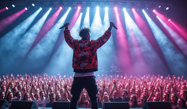 Scene de concert hip-hop dynamique, artiste rappeur au micro bras levés devant une foule dense et lumineuse, projecteurs colorés traversant la scène, énergie électrique visible