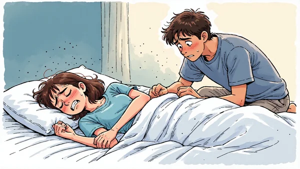 Vue rapprochée d'un couple dans un lit, la femme est allongée sur le dos, le visage contracté par la douleur, mains crispées sur les draps, l'homme à côté d'elle l'air inquiet, lumière tamisée de chambre à coucher