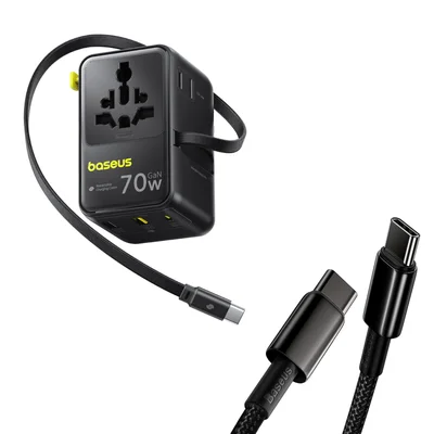 Baseus EnerCore travel adapter with an Apple Watch charging on the retractable USB-C cable