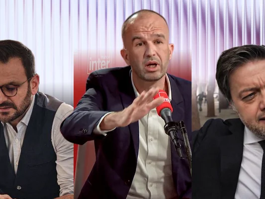 Trois hommes en costume lors d'une interview à propos des municipales 2026.