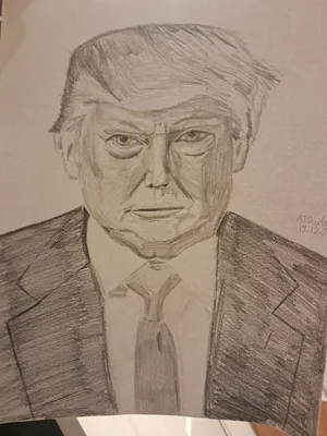 Portrait dessiné de Donald Trump en costume et cravate.