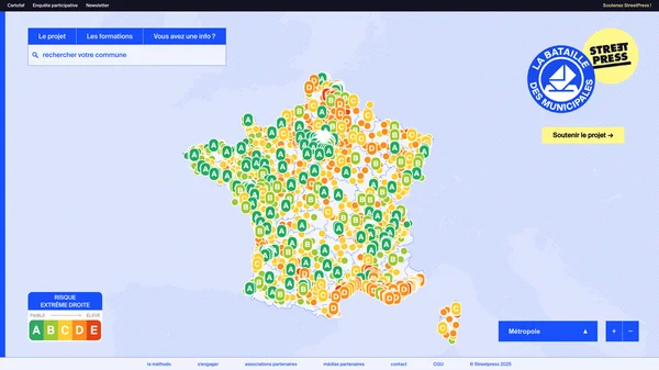 Capture d'écran d'une carte de France évaluant les risques politiques pour cinquante villes lors des municipales