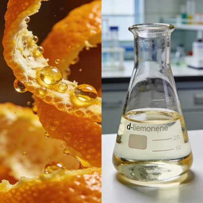 Split view of orange peel zest and a beaker of limonene oil.