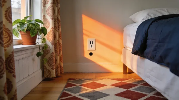 Vue en coupe d'une chambre ordinaire américaine avec des annotations visuelles soulignant les indices révélateurs : une prise de courant murale américaine, un rideau à motifs spécifiques, une plante en pot sur le rebord de fenêtre, un tapis aux motifs géométriques, éclairage naturel de fin d'après-midi