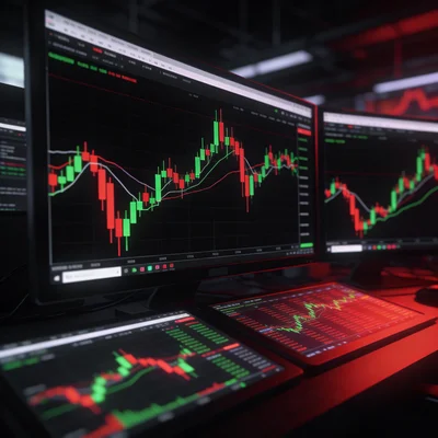 Écrans de trading affichant des graphiques de cours boursiers avec courbes de prix en forte variation, couleurs rouges et vertes sur fond noir, ambiance de salle des marchés