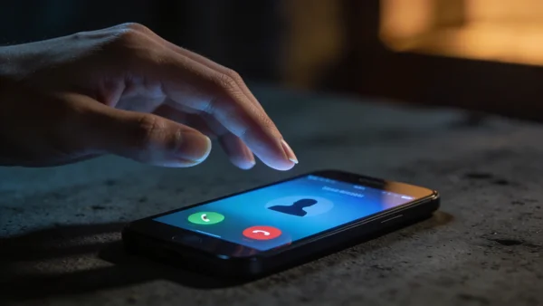 Gros plan sur un smartphone posé sur une table, l'écran allumé affiche un appel entrant d'un numéro inconnu masqué, le fond est flou avec une atmosphère inquiétante, éclairage dramatique avec ombres profondes, la main d'une personne hésite au-dessus de l'