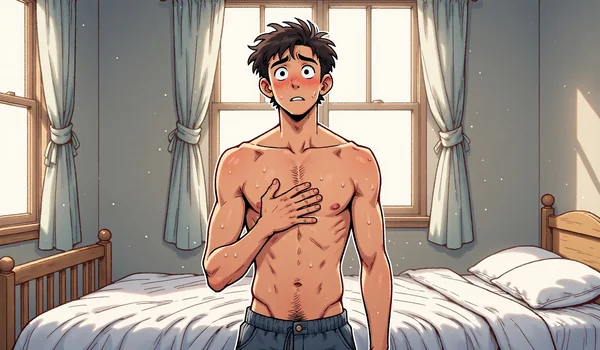Jeune homme de face debout dans une chambre, visage exprimant le doute et l'introspection, main posée sur la poitrine, corps nu suggéré, lumière douce latérale du matin, ambiance calme et vulnérable